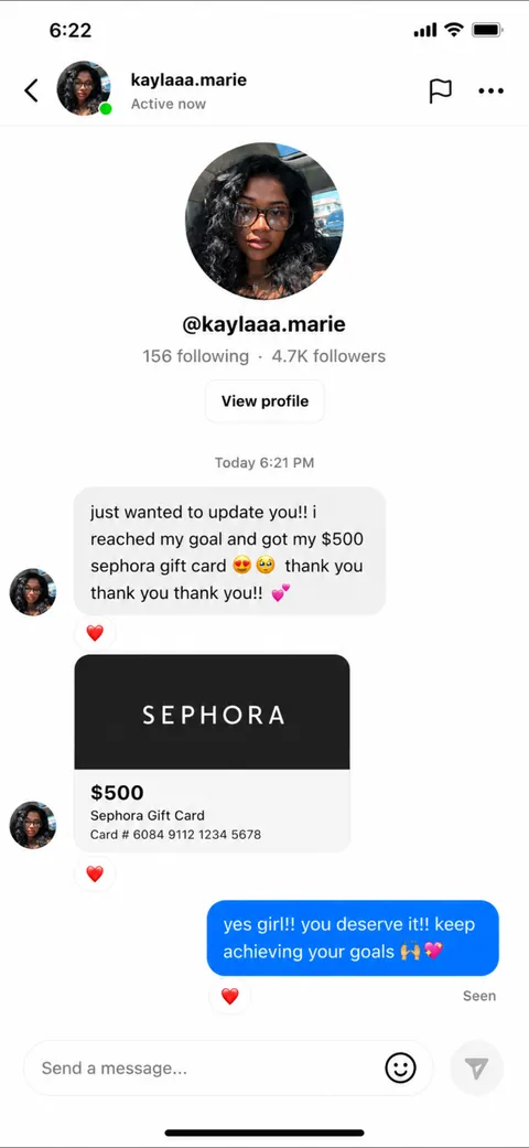 DM from @kaylaaa.marie — $500 Sephora gift card