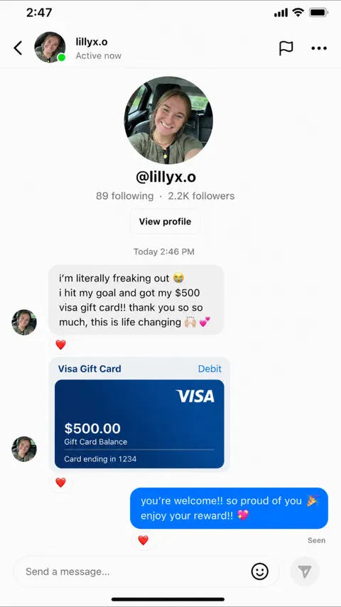 DM from @lillyx.o — $500 Visa gift card