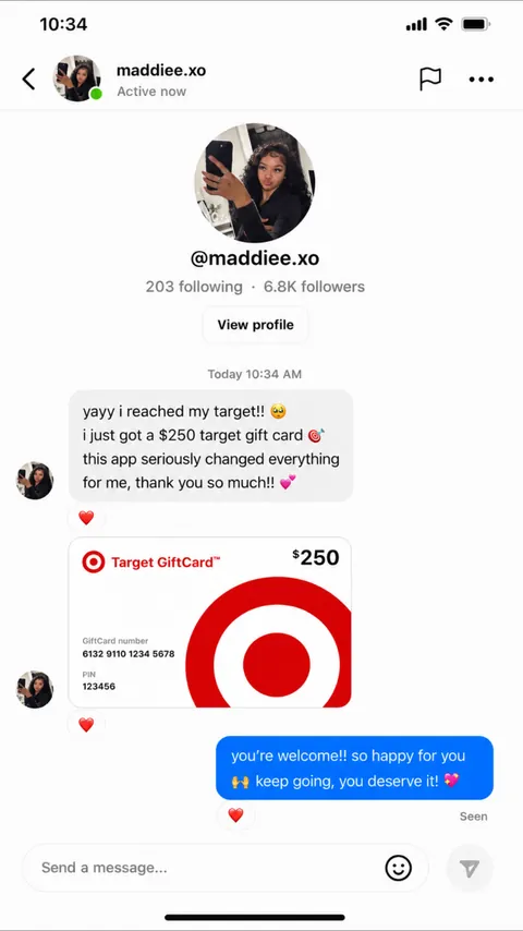 DM from @maddiee.xo — $250 Target gift card