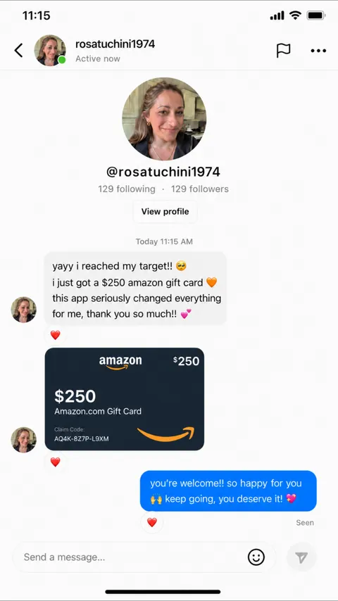 DM from @rosatuchini1974 — $250 Amazon gift card