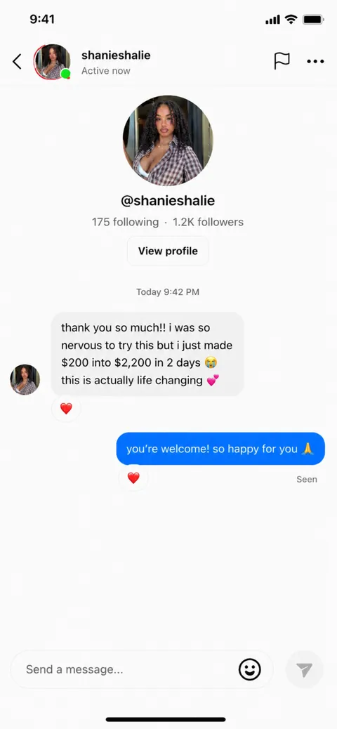 DM from @shanieshalie — $200 into $2,200 in 2 days